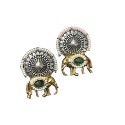 Elephant Stud Earrings Traditional Ethnic Designer Earrings with Green Stone