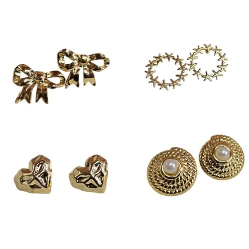 Floral Gold-Tone Stud Earrings Set Comfortable Lightweight Fashion Jewelry Pack of 4 Designs