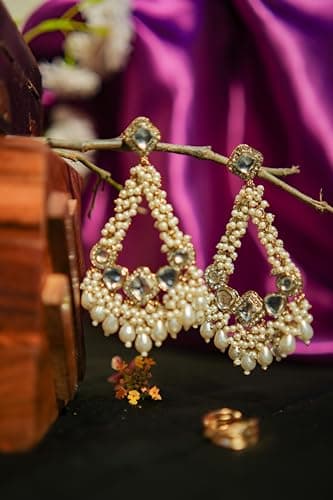 Traditional Pearl Kundan Chandbali Earrings, Gold Tone, Teardrop Shape, Indian Bridal Jewellery