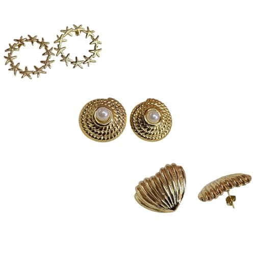 Elegant Floral Gold-Tone Stud Earrings Lightweight Jewelry Pack of 3 & Girls