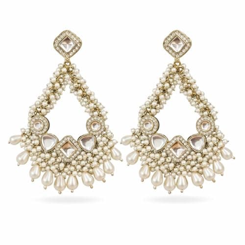 Gold-Tone Pearl Drop Earrings, Crystal Embellished, Teardrop Shape, Statement Chandelier Style