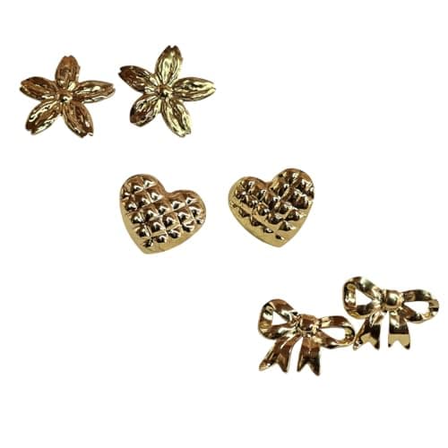 Stylish Floral Gold-Tone Stud Earrings Comfortable Lightweight Jewelry Set of 3