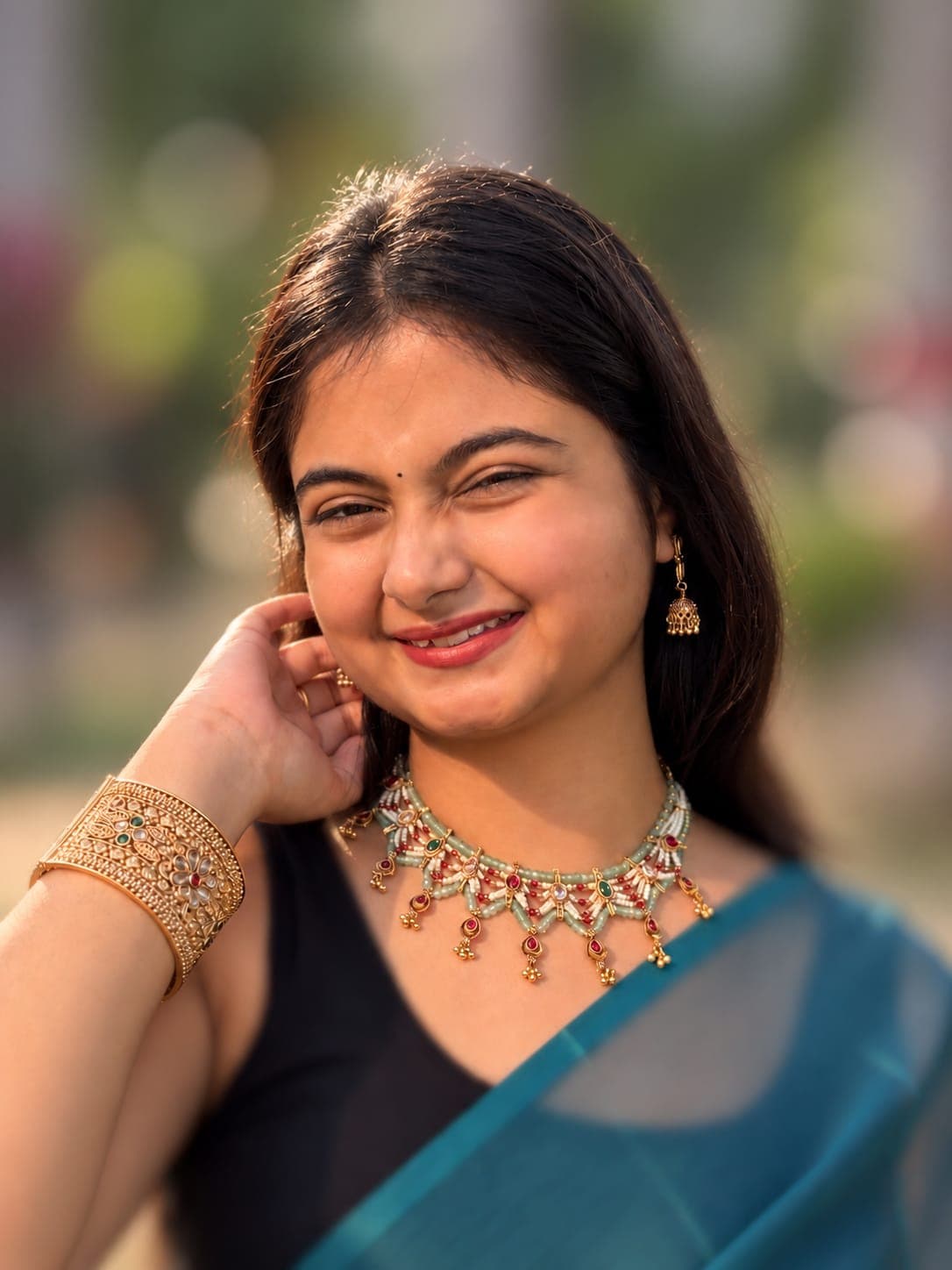 Woman wearing Narayani Creations jewellery